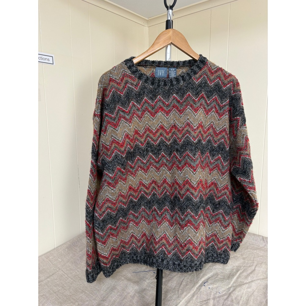 IVY Vintage Wool Mohair Blend Chevron Zigzag Knit Sweater XL Grey Red Tan